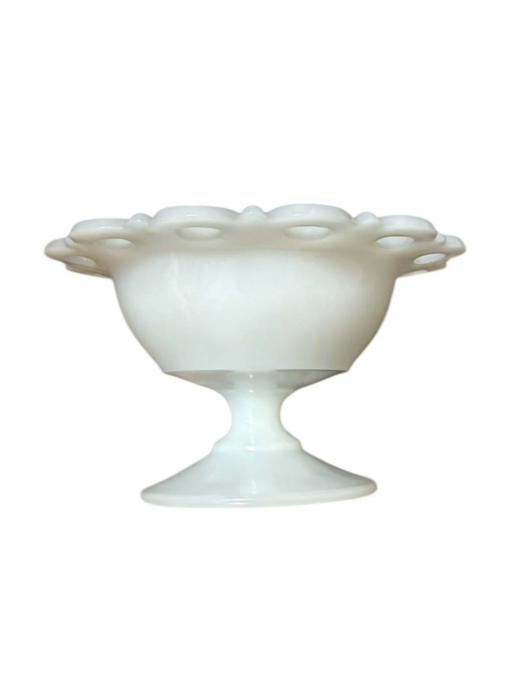 Vintage Anchor Hocking Old Colony Lace Edge Milk Glass Compote Bowl. 7"